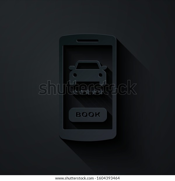 Paper cut Online car sharing icon\
isolated on black background. Online rental car service. Online\
booking design concept for mobile phone. Paper art style.\
