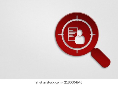 Paper Cut Of Person Icon With Data Inside Focus Sign And Magnifying Glass On Grunge Grey Texture For Customer Persona Concept