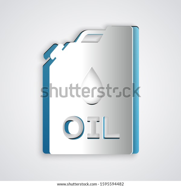 Paper cut Plastic canister for\
motor machine oil icon isolated on grey background. Oil gallon. Oil\
change service and repair. Engine oil sign. Paper art style.\
