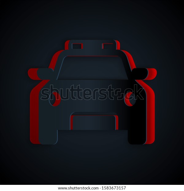 Paper cut Police car and police flasher icon isolated on\
black background. Emergency flashing siren. Paper art style.\
