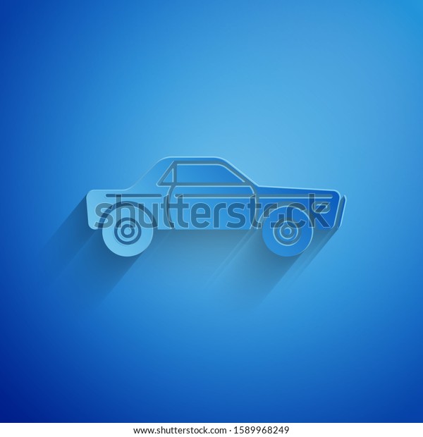Paper cut Sedan car icon isolated on blue background.
Paper art style. 