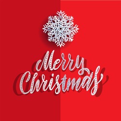 Paper Cut Snowflake And Merry Christmas Greeting Lettering Quote - Volume 3d Three-dimensional Illustration. Folded In Half Postcard