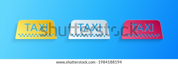 Paper cut Taxi car roof sign icon isolated on\
blue background. Paper art\
style..