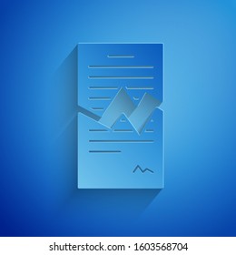 Paper Cut Torn Contract Icon Isolated On Blue Background. File Icon. Checklist Icon. Business Concept. Paper Art Style. 