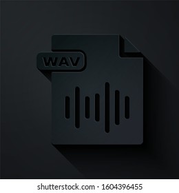 Paper cut WAV file document. Download wav button icon isolated on black background. WAV waveform audio file format for digital audio riff files. Paper art style. 