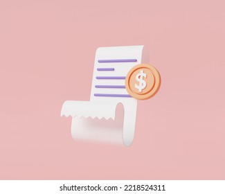 Paper Document With Coin Money. Online Payment, Invoice Icon. Bill Paid Symbol. Statement, Bill Icon Suitable, Bill Payment, Financial Report. 3d Render Illustration. Cartoon Minimal Style