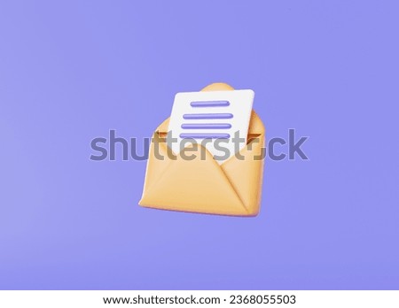 Paper documents on envelope icon. Paper Sheet, Read online message, Mail icon, New e-mail, Message, Letter, Document, Business news and invitations. 3d rendering illustration, Cartoon minimal style