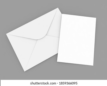 Briefumschlag und A4-Blatt auf grauem Hintergrund. 3D-Darstellung.