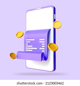 Paper Financial Bill Of Transaction Receipt Payment Icon. Digital Invoice And Paycheck. Coins And Banknotes. Mobile Phone With Paper Bill. 3d Rendering Illustration