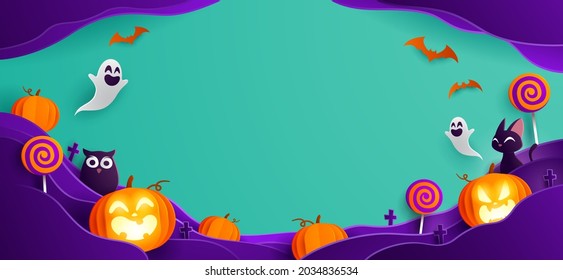 Paper Graphic Of Happy Halloween Fun Party Celebration Background Design. Halloween Elements. Wide Copy Space For Design.