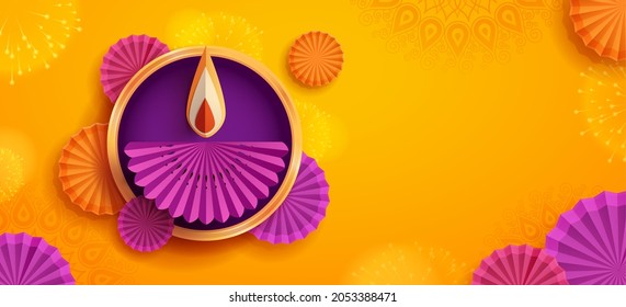 Paper graphic of Indian Diya oil lamp design with round border frame on Indian festive theme big banner background. The Festival of Lights. - Powered by Shutterstock