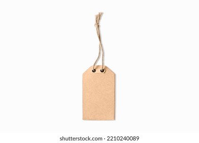 Paper Hang Clothing Tag With String, Kraft Paper Hanging Tag Mockup Isolated On White Background. 3d Rendering.