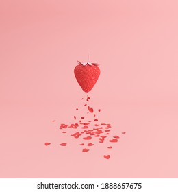 Paper heart flake falling from the red strawberry, Valentine concept, 3D rendering.