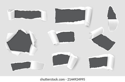 Paper Holes With Ripped Edges, Tear Or Gap In Page Sheet. Realistic Torn Papers Sheets With Curled Edge, Damaged Or Ragged Pages  Set. Rectangle Gaps With Rolled Fragments Or Pieces