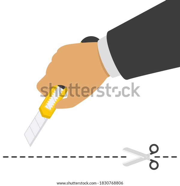 Paper knife in man hands, above the cut line.\
Businessman holding office plastic paper knife in hand. Cutting\
borders template. 
