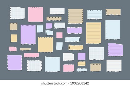 Paper Notes On Stickers. Torn Sheets Of Notebook, Multi Colored Sheets And Pieces Of Torn Paper. Sticky Note Paper Posts Of Meeting Reminder, To Do List And Office Notice Or Information Board Notes.