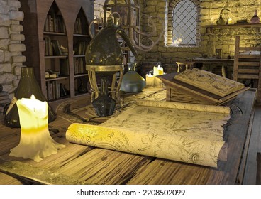 Paper On Alchemy Lab Background, 3d Illustration