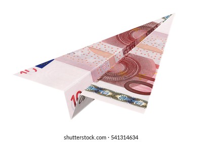 Paper Plane From The Bills Of Ten Euro, 3D Illustration, On A White Background