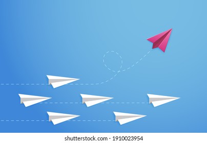 Paper Plane Concept. Changes Direction, Different Opinion, New Idea, Leadership. Origami Paper Plane Direction  Illustration. Leadership Airplane, Competition Individual, Different Independent