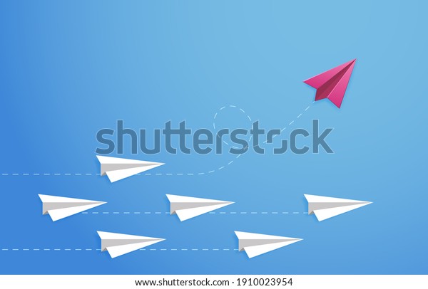 Paper plane concept. Changes direction,\
different opinion, new idea, leadership. Origami paper plane\
direction  illustration. Leadership airplane, competition\
individual, different\
independent