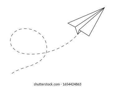 Paper Plane Following A Path. Airplane Track Or Route With Dotted Lines.