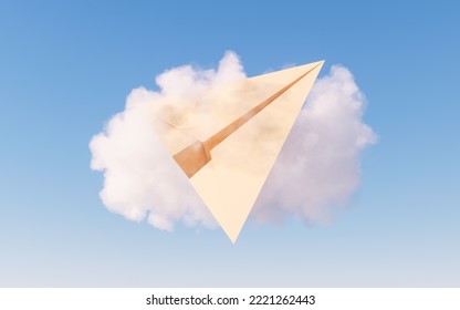 Paper plane and soft cloud, 3d rendering. Digital drawing.