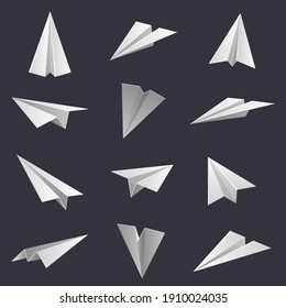 Paper Planes. Handmade Origami Aircraft Figures, Paper Folding Hobby. Polygonal Paper Shapes Isolated  Illustration Set. Plane Flight, Fold Polygon Origami Paper