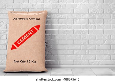 Paper Sacks Cement Bag In Front Of Brick Wall. 3d Rendering