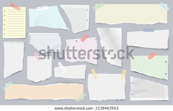 Paper\
scraps on sticky tape, page pieces with torn edges. Realistic\
ripped newspaper, ragged notebook sheet, ripped papers strips  set.\
Squared and lined fragments for notes and\
memos