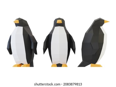 Paper Sculpture Of A Polygonal Penguins, Folded Paper Animal, Papercraft, Isolated On White, 3d Render