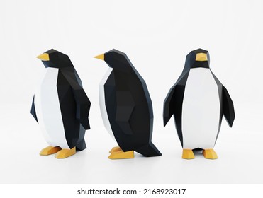 Paper Sculpture Of A Polygonal Penguins, Folded Paper Animal, Papercraft, 3d Render