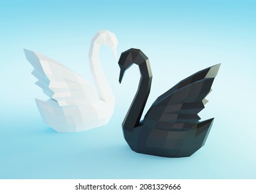 Paper Sculpture Of A Polygonal Swans, Folded Paper Animal, Papercraft, Black And White Swans Love Concept, 3d Render