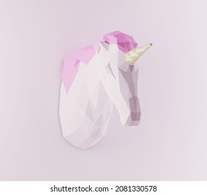 Paper Sculpture Of A Polygonal Unicorn, Folded Paper Animal Trophy, Papercraft, 3d Render