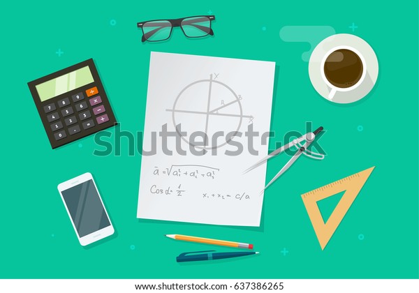 Paper sheet with geometry math formulas and\
drawing graphs, ruler, pen, pencil, school lesson study objects,\
education idea on work desk top view, math science home work, flat\
style design\
clipart