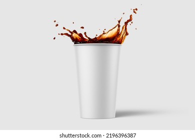 Paper Soda Cup With Cola Splash Mockup Template, Isolated On Light Grey Background. High Resolution 3D Illustration.