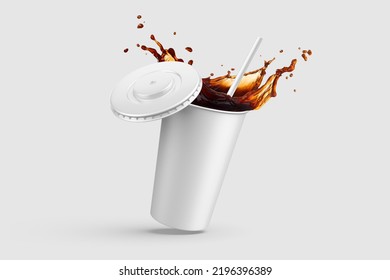 Paper Soda Cup With Cola Splash And Straw Mockup Template, Isolated On Light Grey Background. High Resolution 3D Illustration.