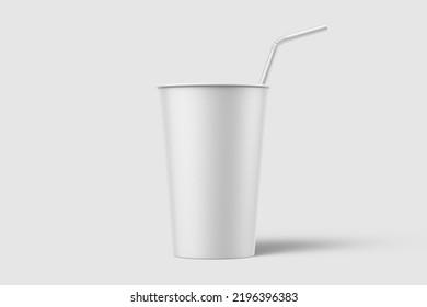 Paper Soda Cup With Straw Mockup Template, Isolated On Light Grey Background. High Resolution 3D Illustration.