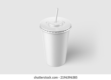 Paper Soda Cup With Straw Mockup Template, Isolated On Light Grey Background. High Resolution 3D Illustration.