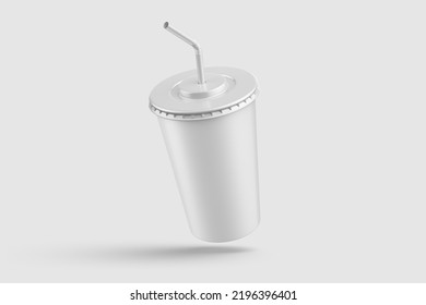 Paper Soda Cup With Straw Mockup Template, Isolated On Light Grey Background. High Resolution 3D Illustration.