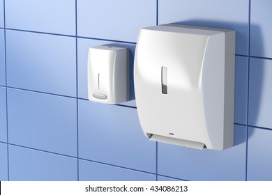 Paper Towel Dispenser And Soap Dispenser In Public Toilet, 3D Illustration