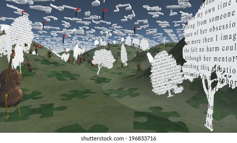 Paper trees with text and Cellos sit in hilly landscape with Musical Notes for Clouds 