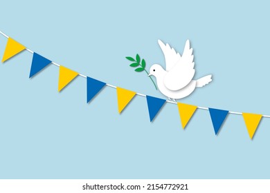 Paper White Dove Or Pigeon Carrying Olive Branch Flying With Ukrainian Flag On Blue Background. Concept For Peace And Stop The War. Space For The Text. Graphic Illustration Paper Cut Design Style.