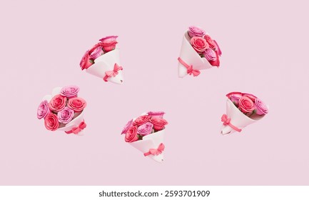Paper Wrapped Rose Flower Bouquet and Ribbon Icon. 3D Rendering