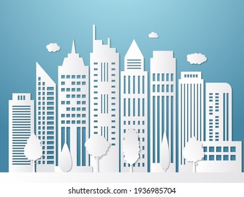 Papercut City. Origami Urban Landscape White Silhouettes With Shadows Business Offices Outdoor Wallpaper
