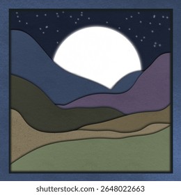 Papercut-style artwork featuring a glowing moon rising over layered hills in green and purple tones, with a starry night sky. Perfect for wall art, prints, digital designs, and modern home decor.