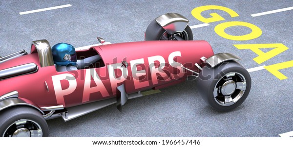 Papers helps reaching goals, pictured as a\
race car with a phrase Papers as a metaphor of Papers playing\
important role in getting value and achieving success in life and\
business, 3d\
illustration