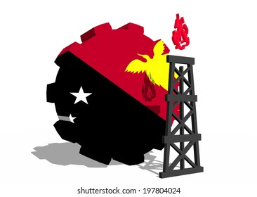 Papua New Guinea National Flag On Gear And 3d Gas Rig Model Near