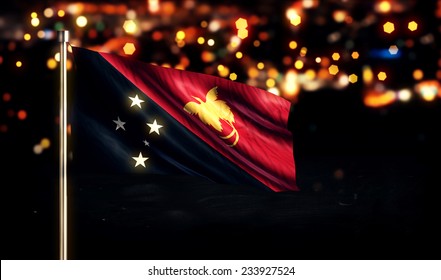 Papua New Guinea National Flag City Light Night Bokeh Background 3D