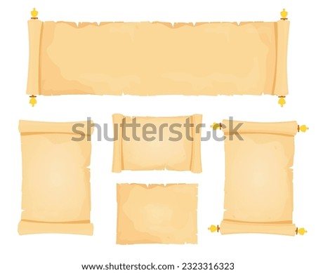Papyrus scroll set. Parchment paper with old texture isolated on white background. Vintage roll with wooden handles for map, oll, old, bible, medieval letter. Ancient papyrus scroll