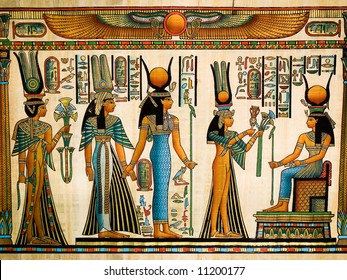 Papyrus Showing Queen Nefertari Making An Offering To Isis. Copy Of A Painting From  Nefertaris Tomb In Thebes.